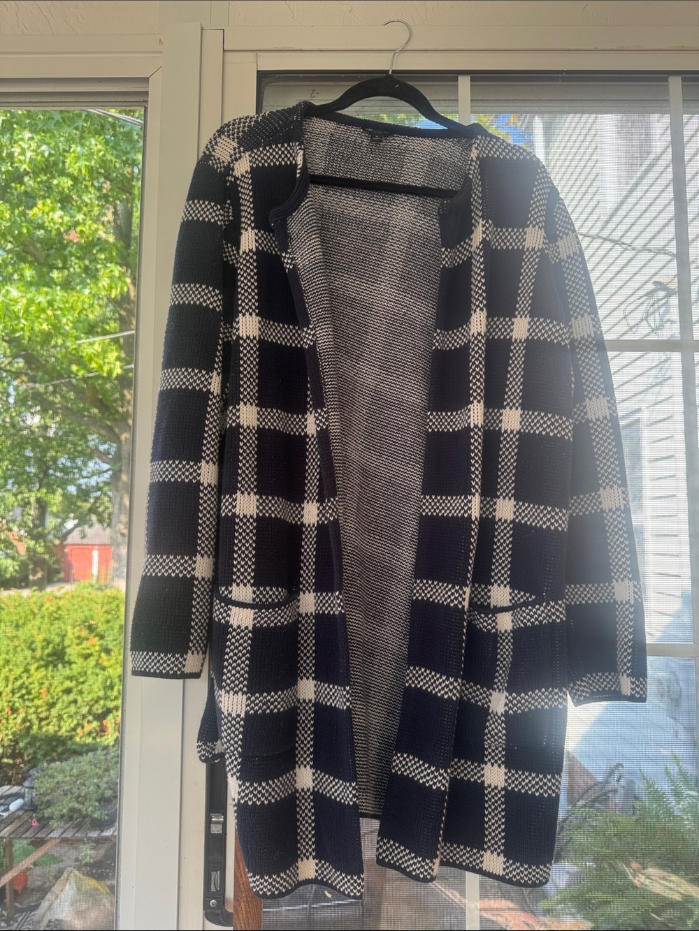 Ann Taylor plaid large check navy white cozy fall cardigan XL